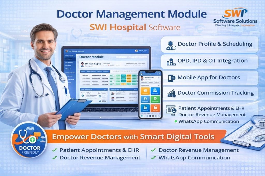 Doctor management module software showing doctor profile and scheduling, OPD IPD OT integration, mobile app for doctors, doctor commission tracking, patient appointments, EHR and WhatsApp communication