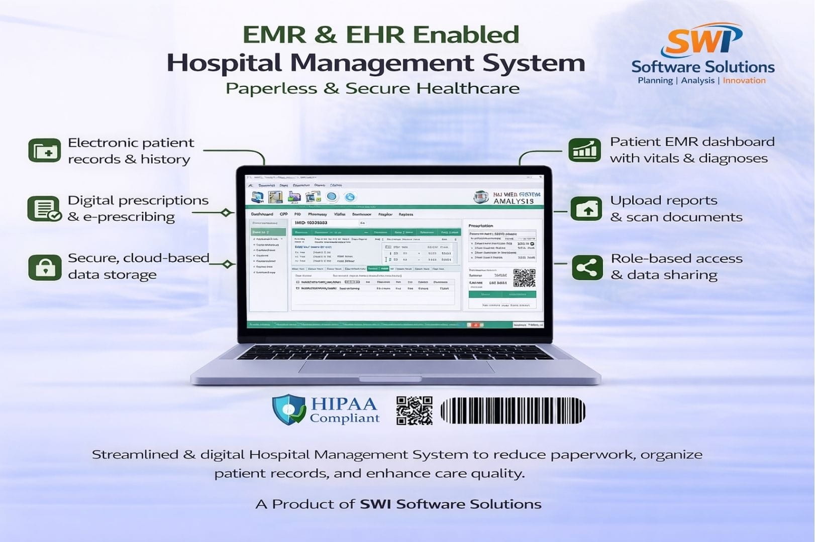 EMR and EHR enabled hospital management system showing patient electronic medical records, digital prescriptions, secure cloud storage, report upload, role-based access and EMR dashboard