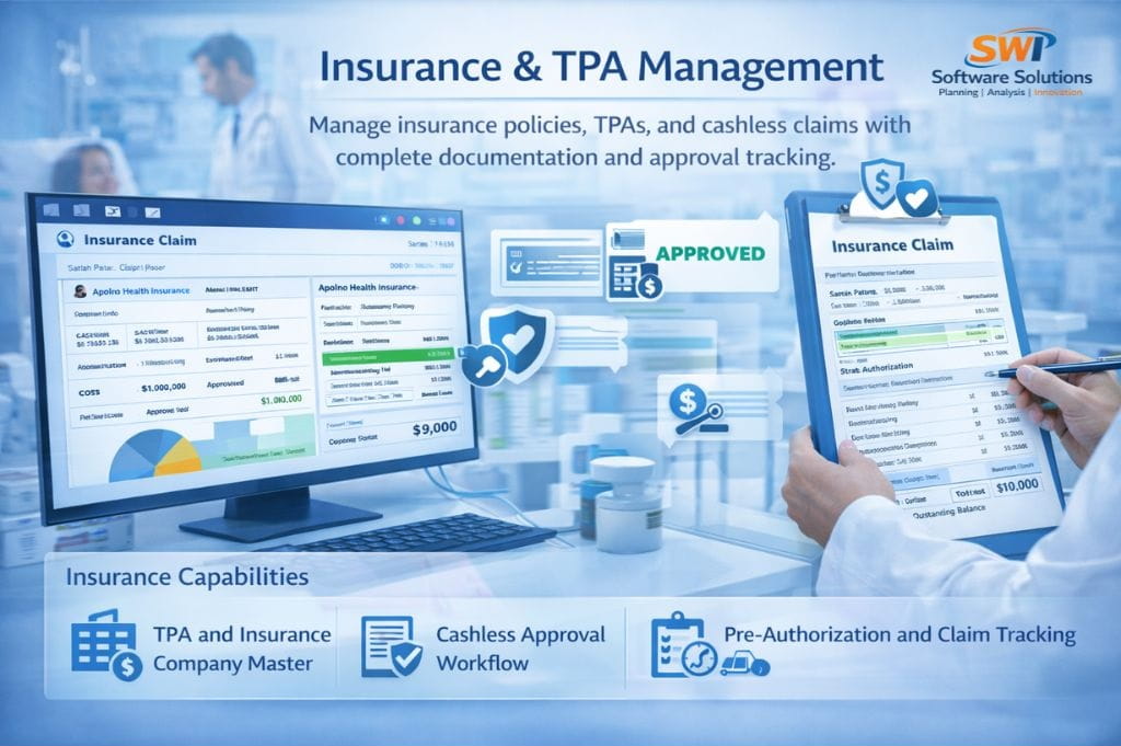 Insurance and TPA management software dashboard showing cashless approval workflow, pre-authorization request tracking and insurance claim processing