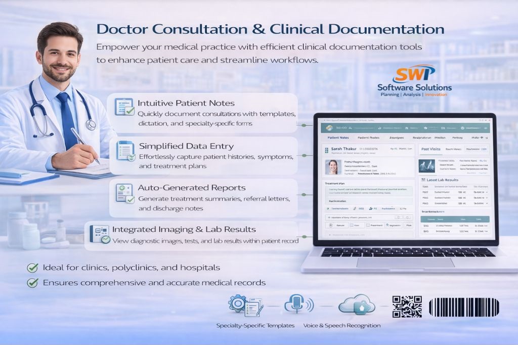 doctor consultation and clinical documentation software showing patient notes, simplified data entry, auto generated clinical reports, integrated imaging and lab results, and EMR documentation tools for hospitals and clinics.