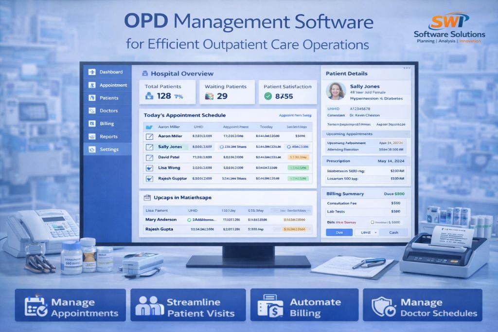 OPD management software dashboard showing appointment schedule, patient details with UHID, OPD visit management, automated billing, reports and doctor schedule management for hospitals and clinics.