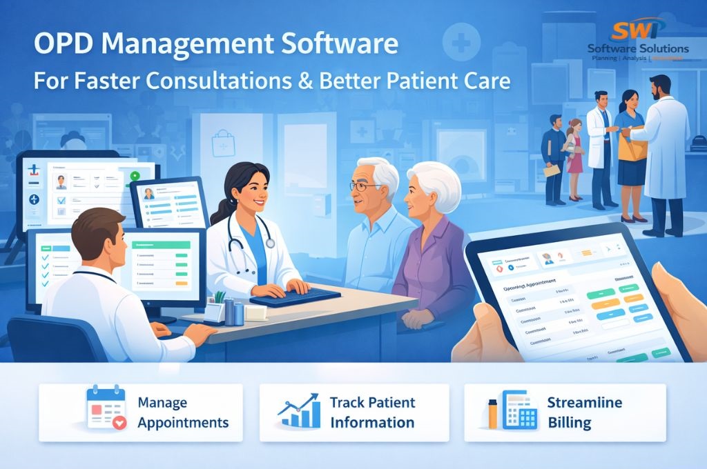 OPD management software showing doctor consultation workflow with appointment management, patient information tracking and streamlined OPD billing for hospitals, clinics and polyclinics