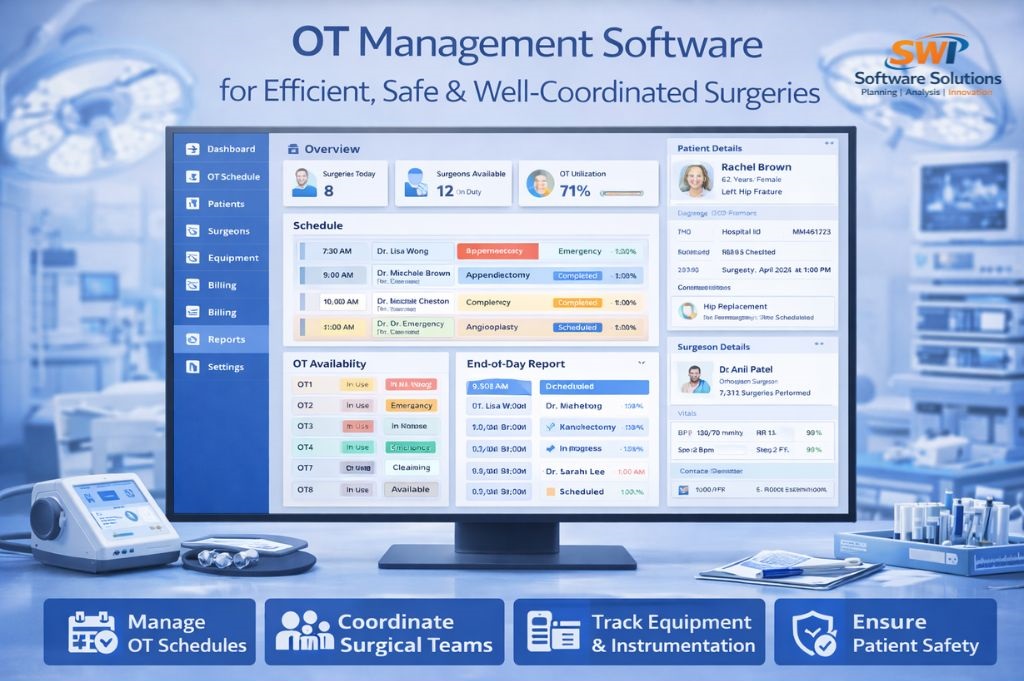 OT management software dashboard showing operation theatre scheduling, OT availability, surgeon and surgical team coordination, equipment and instrumentation tracking, OT utilization analytics and patient safety for hospitals.