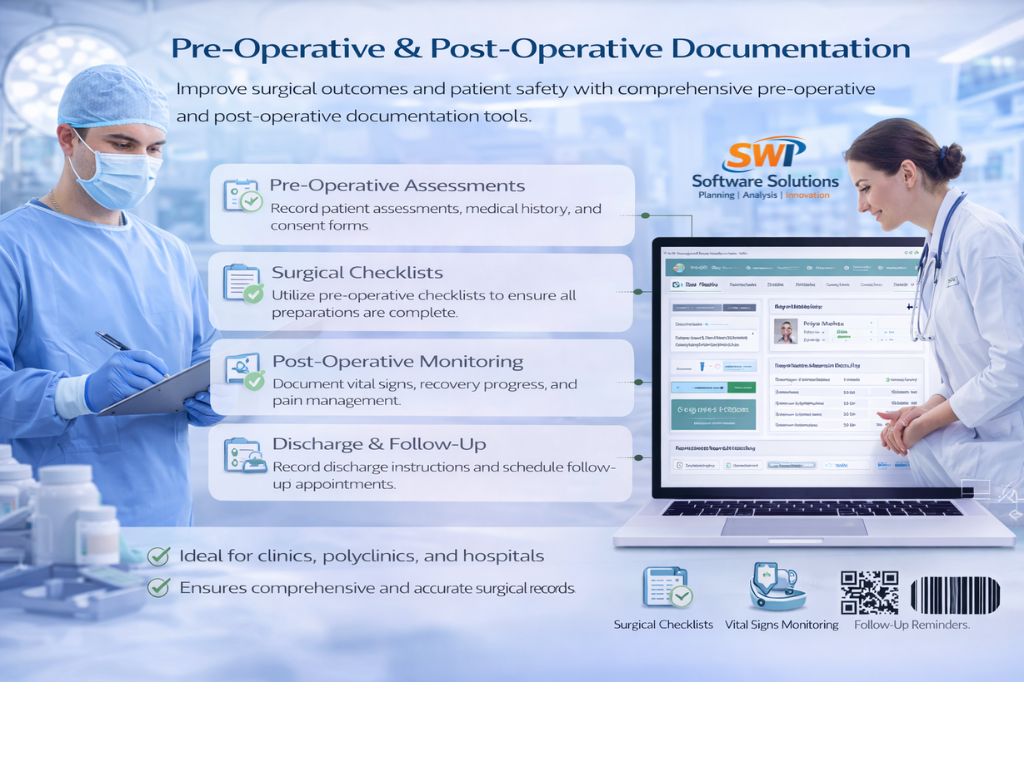 pre operative and post operative documentation software showing pre op assessments, surgical checklists, post op monitoring, discharge instructions and follow up scheduling for hospitals and operation theatres