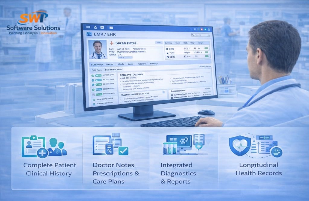EMR EHR software for hospitals with complete clinical history, doctor notes, prescriptions, integrated diagnostics and longitudinal health records