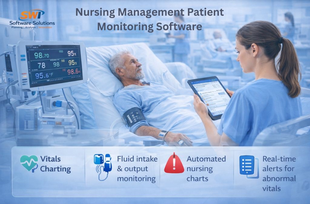 Nursing patient monitoring software for hospitals with vitals charting, fluid intake output monitoring and real-time alerts