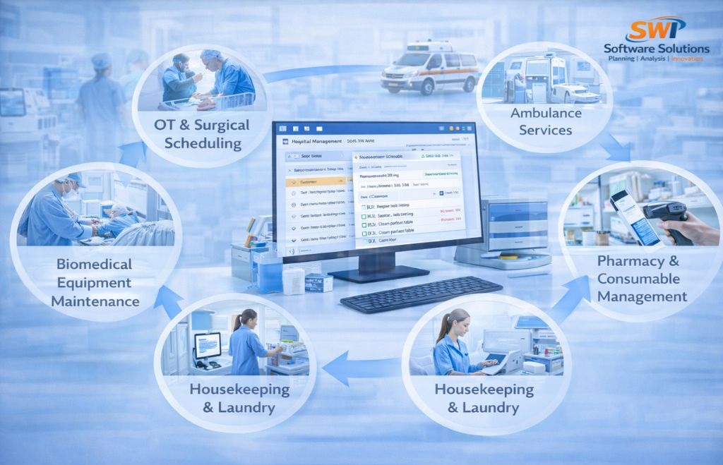 Hospital support services management software for OT scheduling, ambulance services, housekeeping, biomedical maintenance and pharmacy consumables