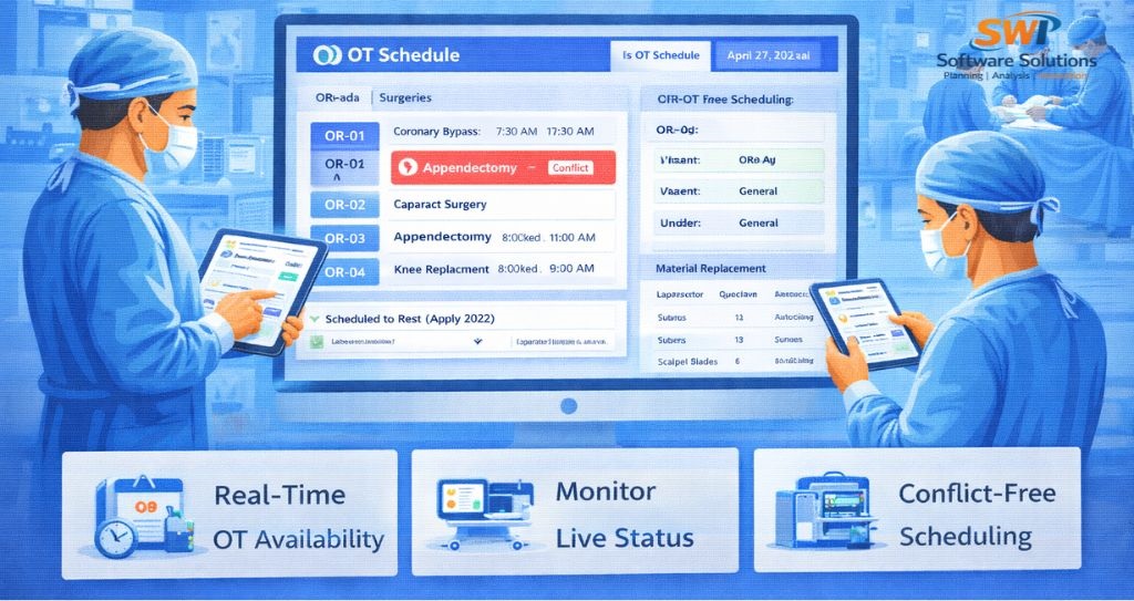 OT management software for hospitals with real-time OT availability, live status monitoring and conflict-free surgery scheduling