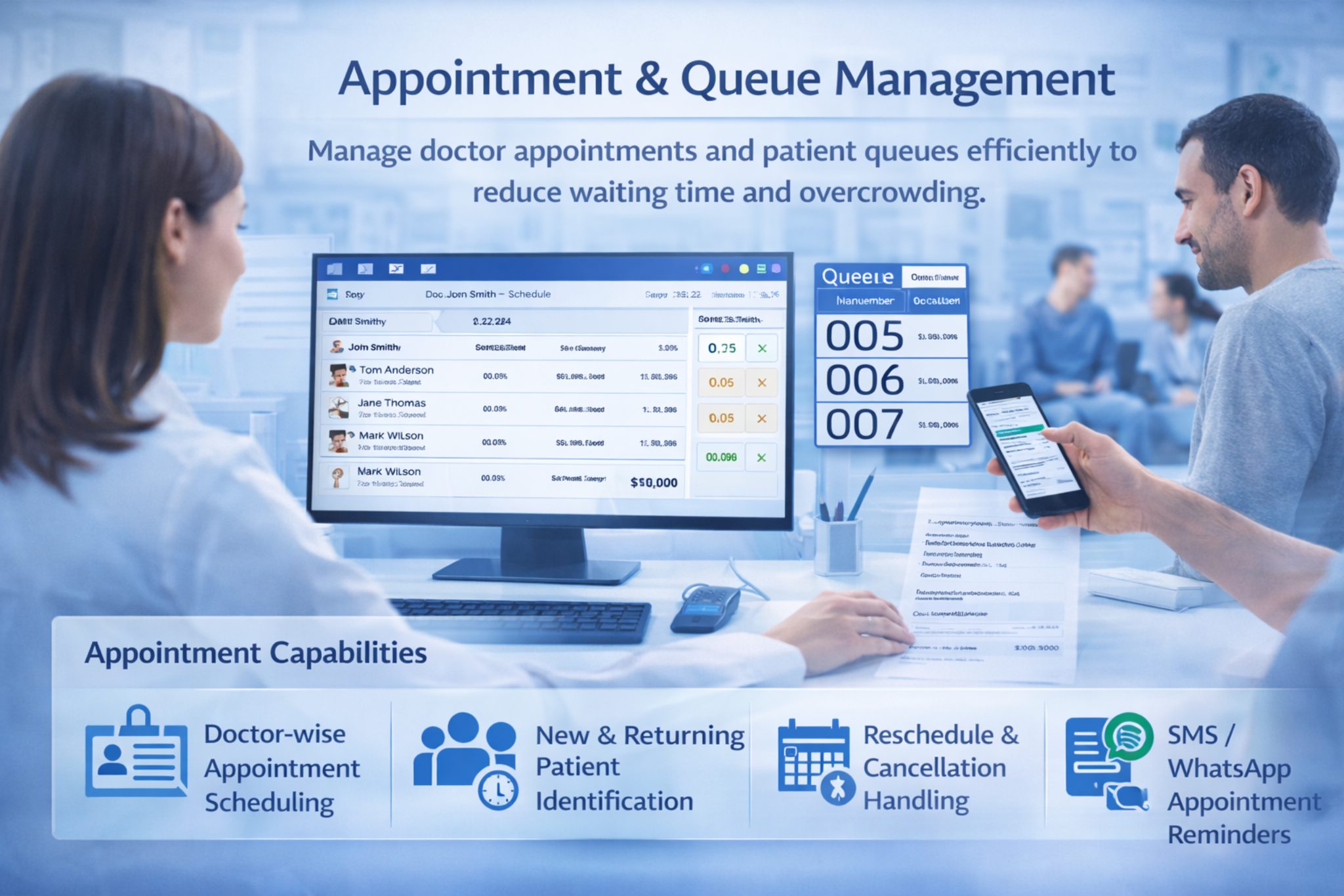 Appointment and queue management software for hospitals with doctor-wise scheduling, rescheduling, and SMS WhatsApp reminders