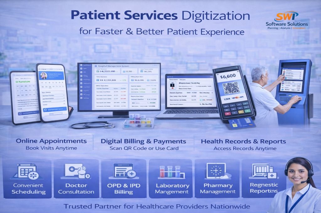 Patient services digitization in hospital management software with online appointments, billing payments and health record access