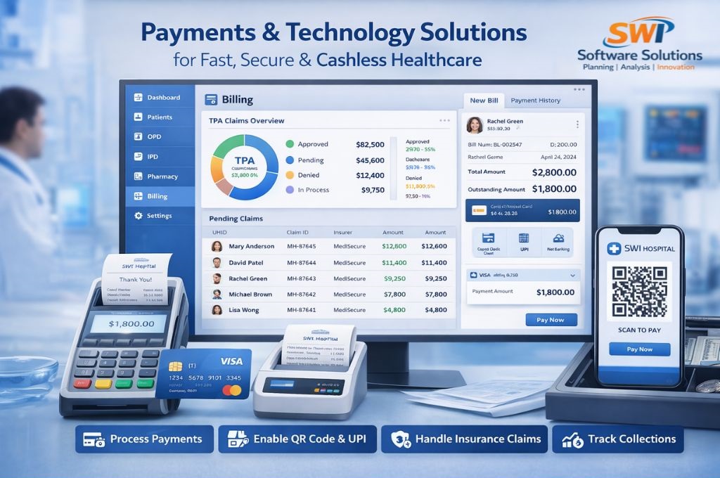 Hospital payment and billing software with QR code UPI payments, card payments, insurance claims and collection tracking