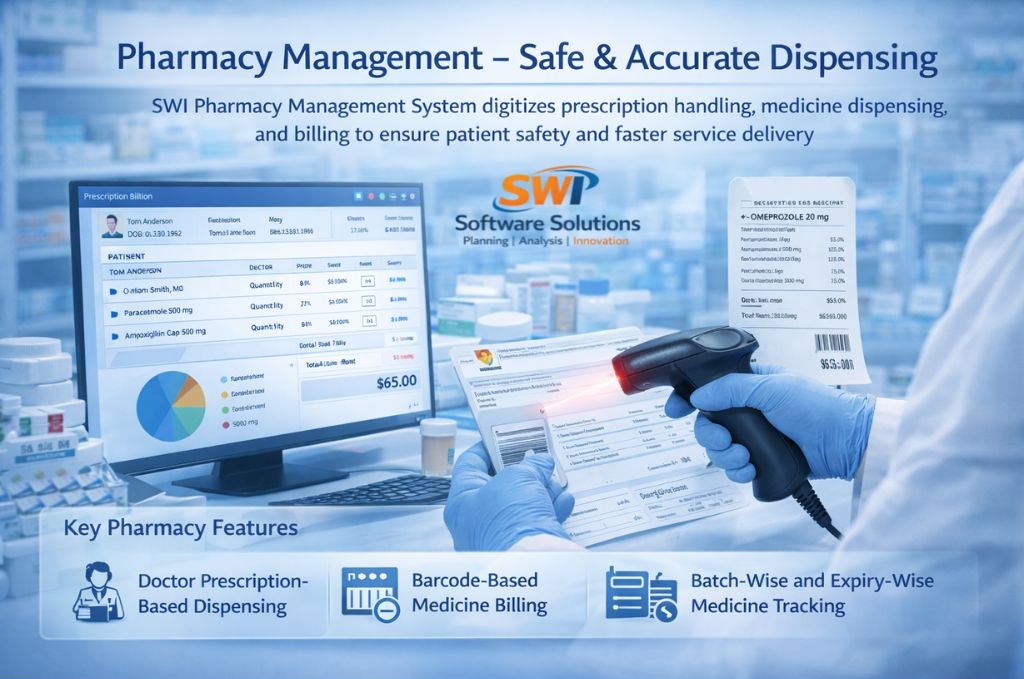 Pharmacy management software for hospitals with barcode-based dispensing, prescription billing and expiry-wise medicine tracking