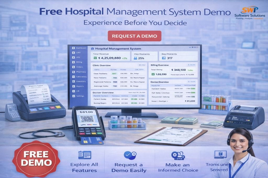 Free hospital management system demo showing dashboard, billing, OPD, IPD and payment modules for hospitals and clinics
