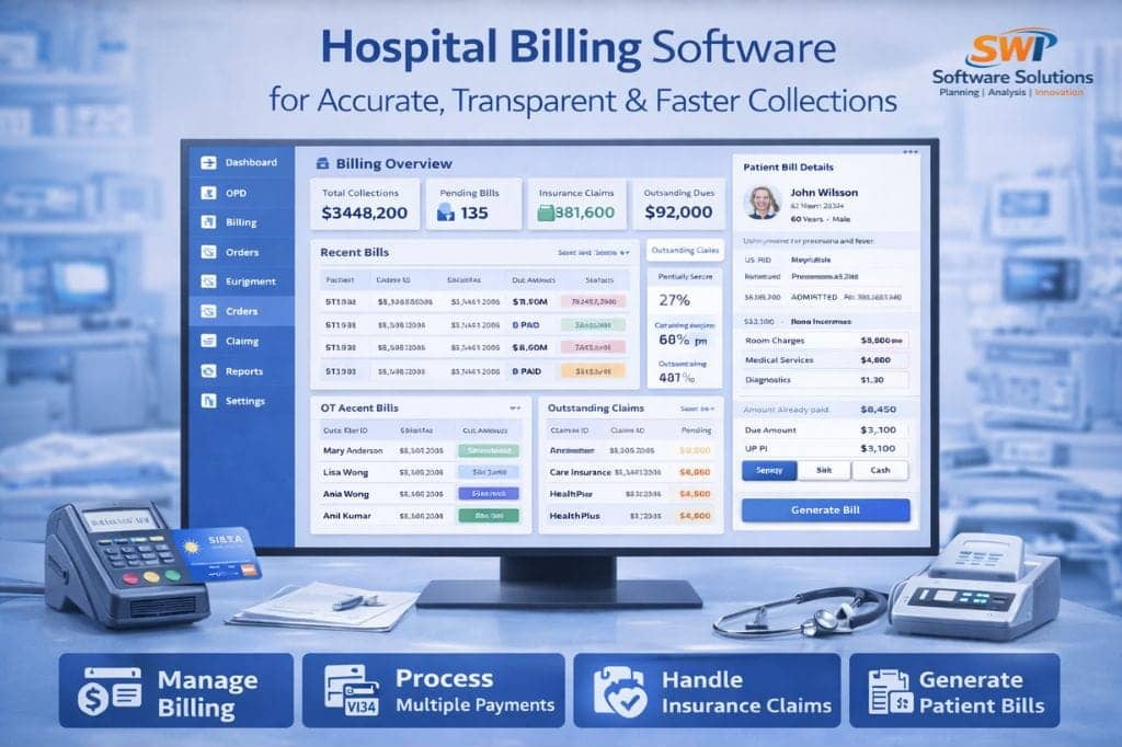 Hospital billing software dashboard showing patient billing, insurance claims, multiple payment modes and faster collections