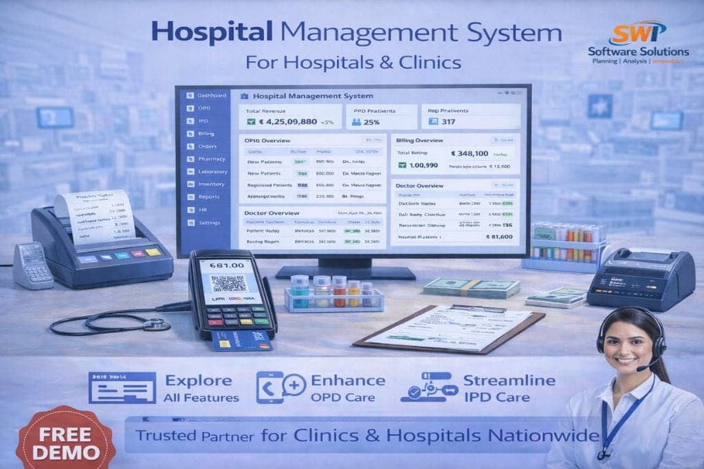 Hospital management system software for hospitals and clinics showing OPD IPD billing pharmacy and digital payment integration