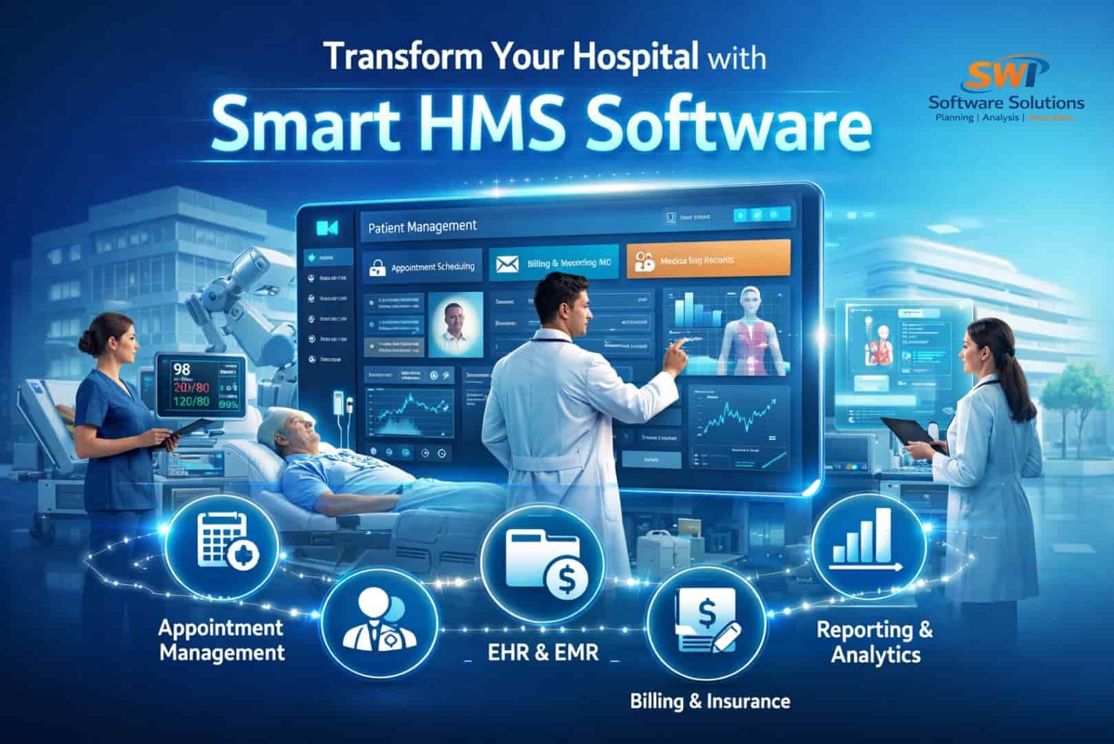 Hospital management software dashboard showing OPD, IPD, EMR, billing, pharmacy and digital marketing integration for Indian hospitals