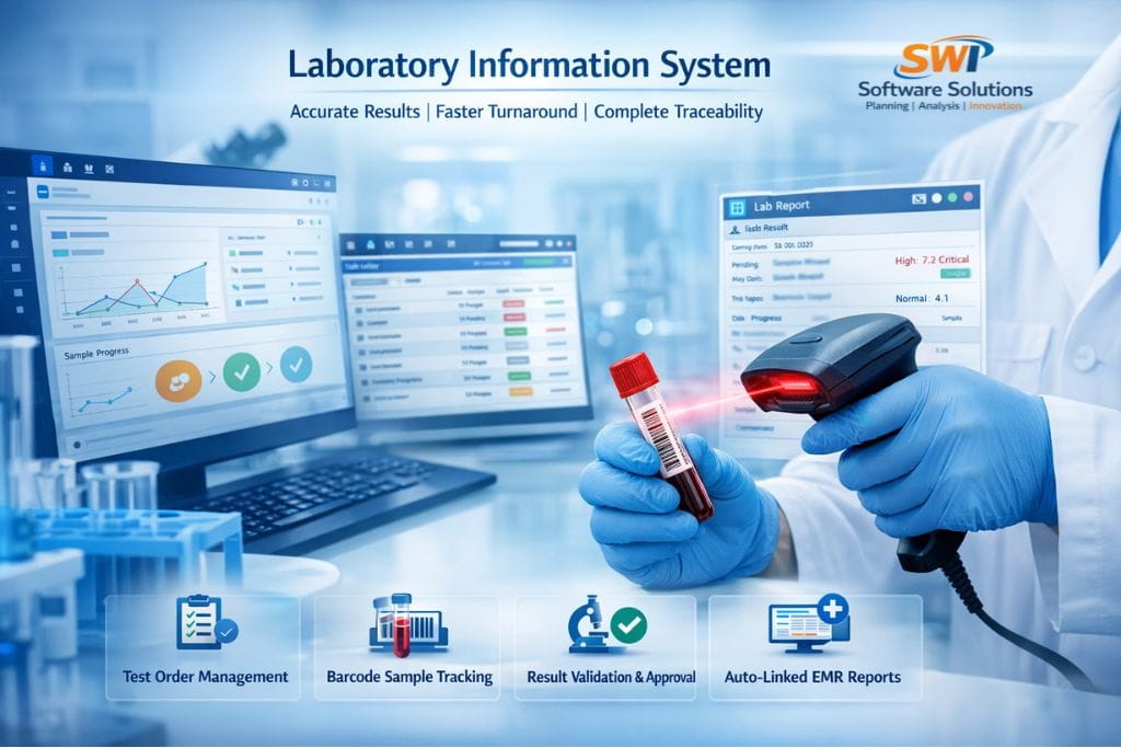 Laboratory management software dashboard showing lab orders, sample tracking, test results, turnaround time and diagnostic reporting.