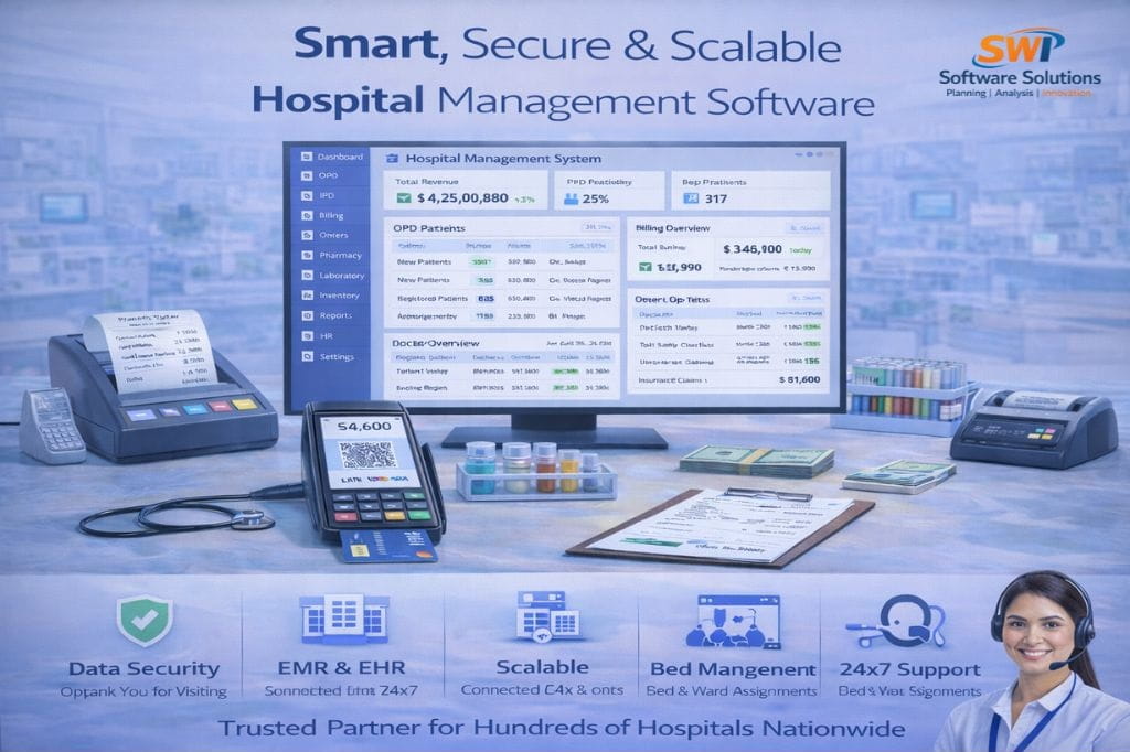 Smart secure and scalable hospital management software dashboard with EMR EHR, billing, OPD IPD management and data security