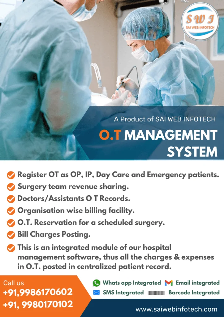 OT (Operating Theatre) management software interface showcasing surgical scheduling, resource allocation, staff management, and procedure tracking features.