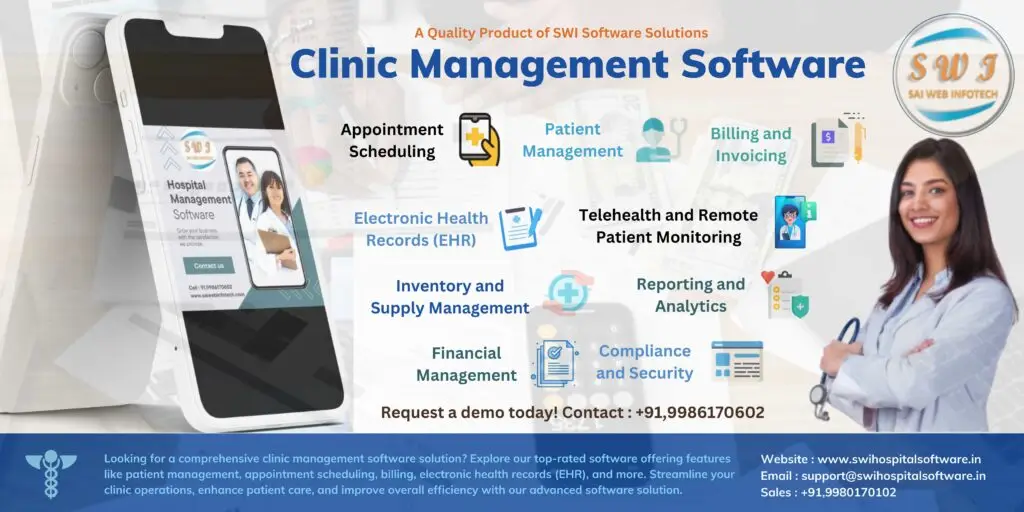 Clinic Management Software Features and benefits Appointment Scheduling, Electronic Health Records (EHR), Inventory and Supply Management, Telehealth and Remote Patient Monitoring, Reporting and Analytics, Compliance and Security, Billing and Invoicing, Patient Management, Financial Management, Compliance and Security.