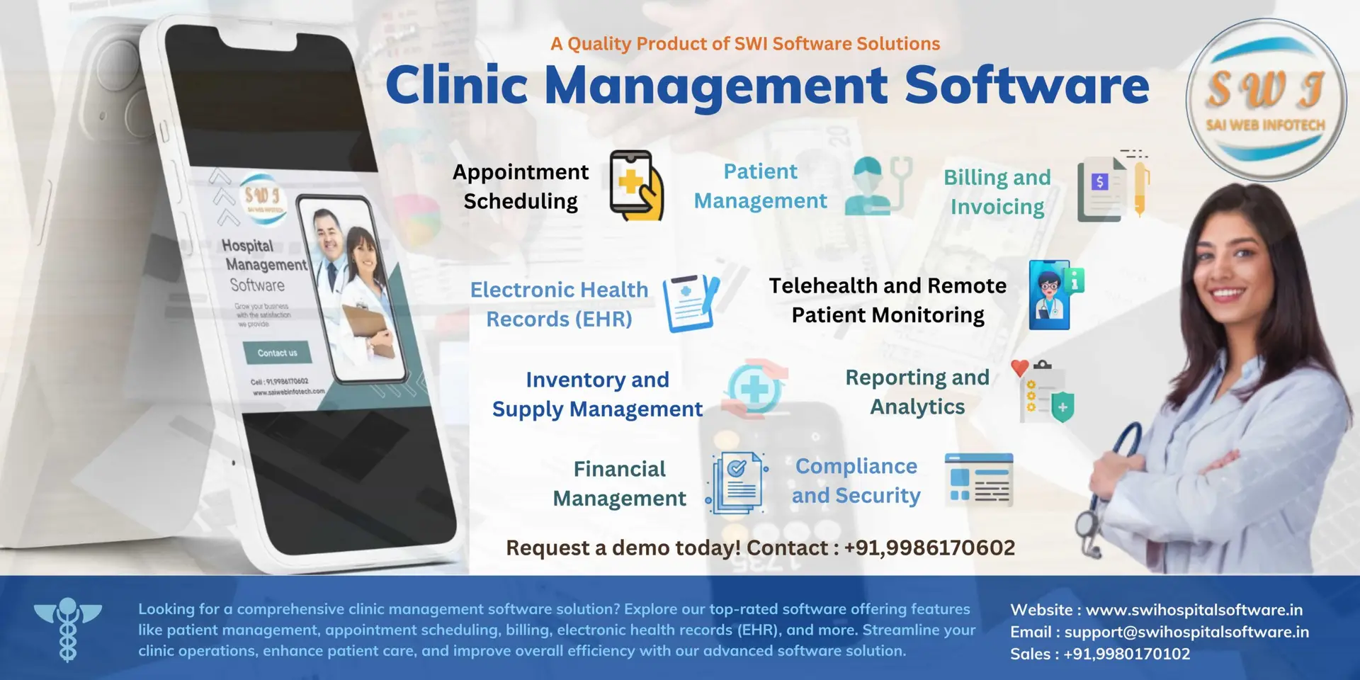 Clinic Management Software Features and benefits Appointment Scheduling, Electronic Health Records (EHR), Inventory and Supply Management, Telehealth and Remote Patient Monitoring, Reporting and Analytics, Compliance and Security, Billing and Invoicing, Patient Management, Financial Management, Compliance and Security.