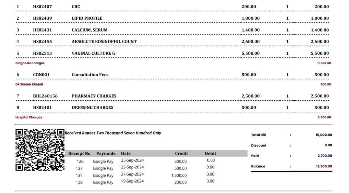 Sample and customizable OPD bill format from Hospital Management Software