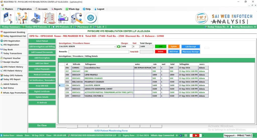 Hospital Management Software showing OPD Billing System with investigations and procedures interface