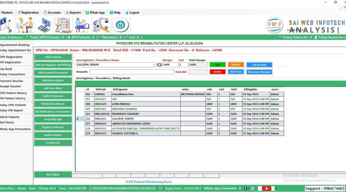 Hospital Management Software showing OPD Billing System with investigations and procedures interface
