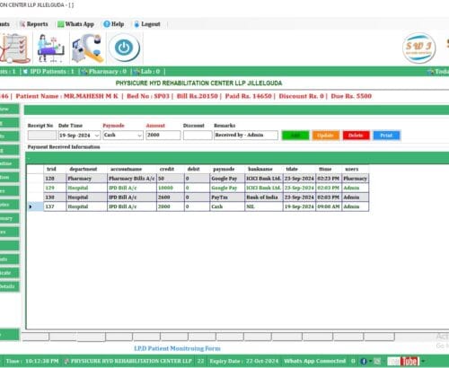 IPD advance deposit management system showing patient financial details, payments, and billing overview for hospital accounting.