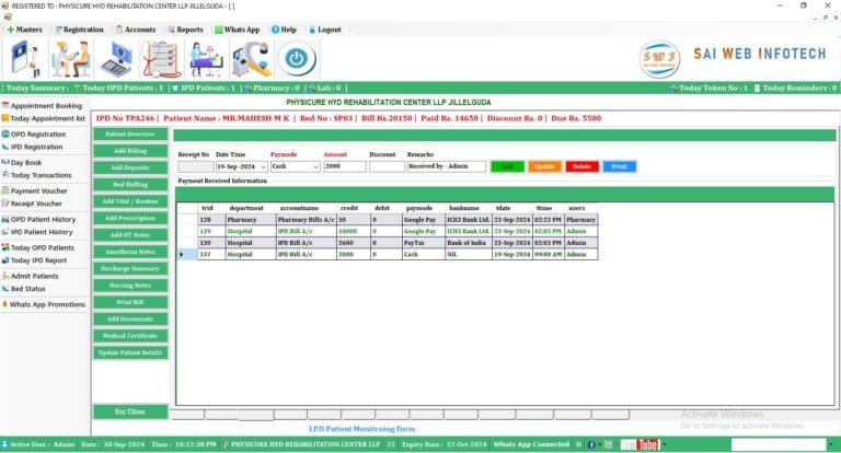 IPD advance deposit management system showing patient financial details, payments, and billing overview for hospital accounting.