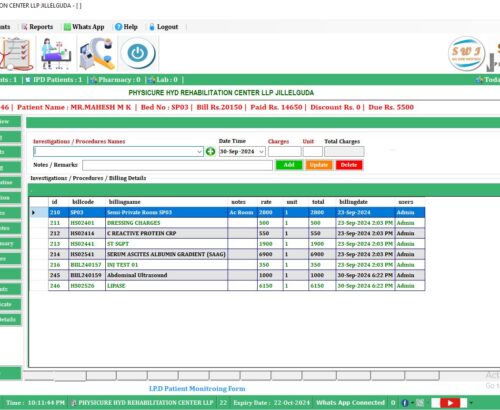 IPD billing management software displaying patient bills, payments, and outstanding amounts for accurate hospital billing operations.