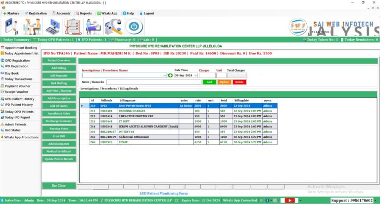 IPD billing management software displaying patient bills, payments, and outstanding amounts for accurate hospital billing operations.