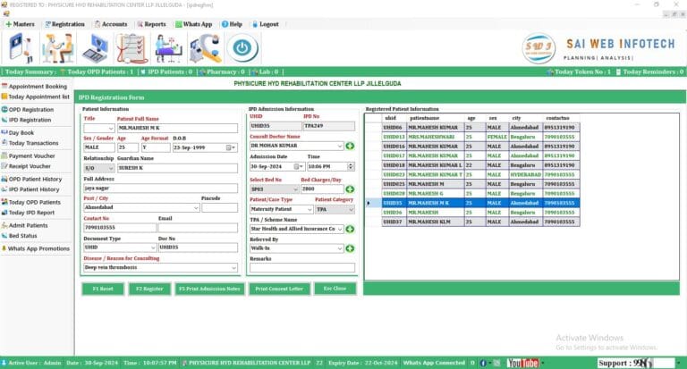 IPD registration application interface for adding new patients, capturing patient details, and managing hospital admissions.