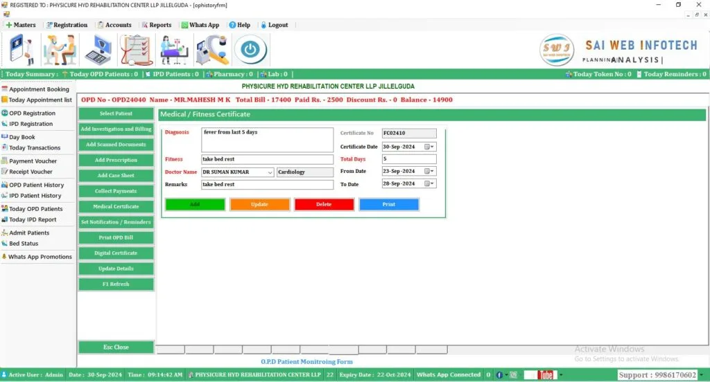 Medical or fitness certificate generation app for hospitals and clinics to quickly issue health certificates for patients.