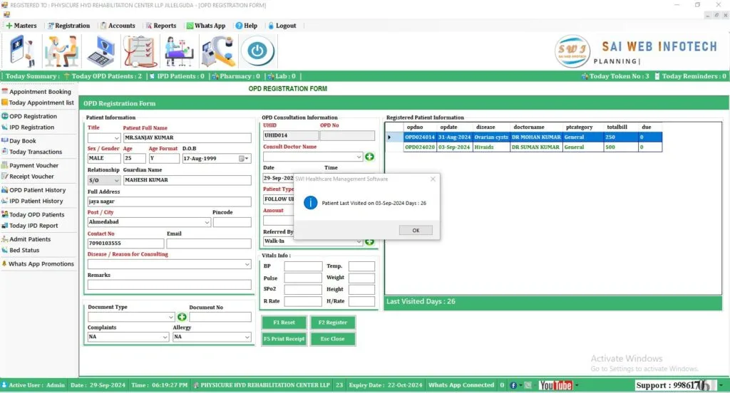 OPD registration application interface for managing patient registrations and appointments.