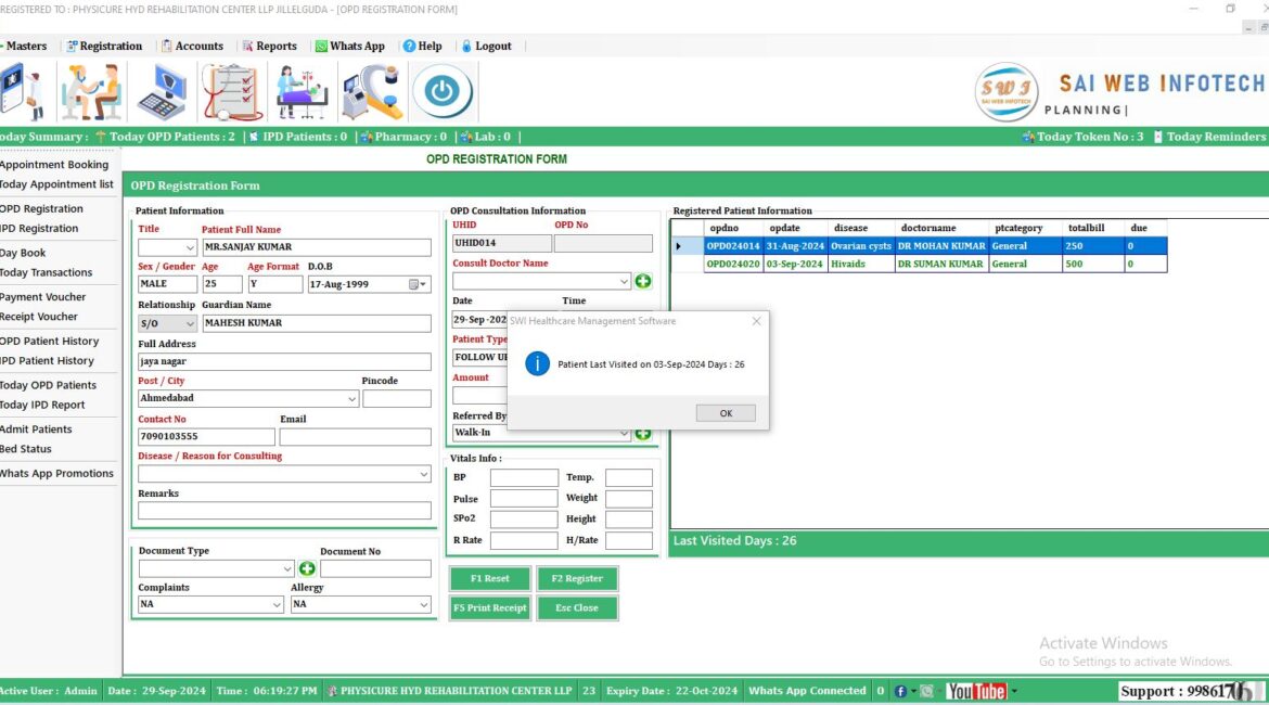 OPD registration application interface for managing patient registrations and appointments.