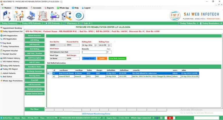 Patient bed shifting management interface showing real-time updates on bed availability and patient movement across hospital wards