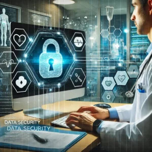 An image illustrating data security in hospitals, showcasing a healthcare professional working on a computer with a secure interface. An image illustrating data security in hospitals, showcasing a healthcare professional working on a computer with a secure interface. The screen displ