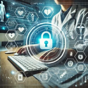 A secure digital healthcare environment featuring a healthcare professional working on a computer with a lock icon and shield overlaying a patient data interface. The background includes medical symbols, interconnected data streams, and technology elements, symbolizing compliance and data security in healthcare IT.