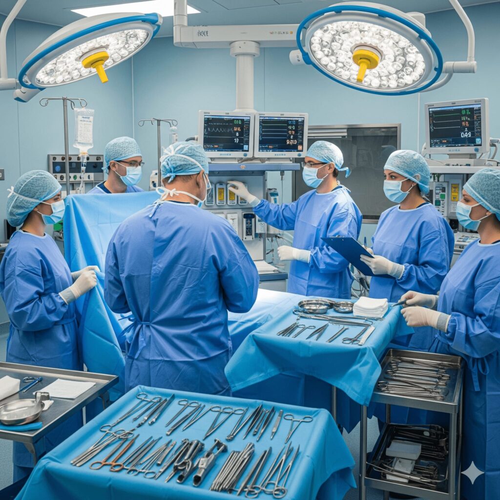 Sterilization of equipment and instruments. Surgical team allocation (Surgeon, Assistant, Scrub Nurse, Anesthetist). OT checklist verification (WHO Surgical Safety Checklist). Surgical packs and consumables arranged.