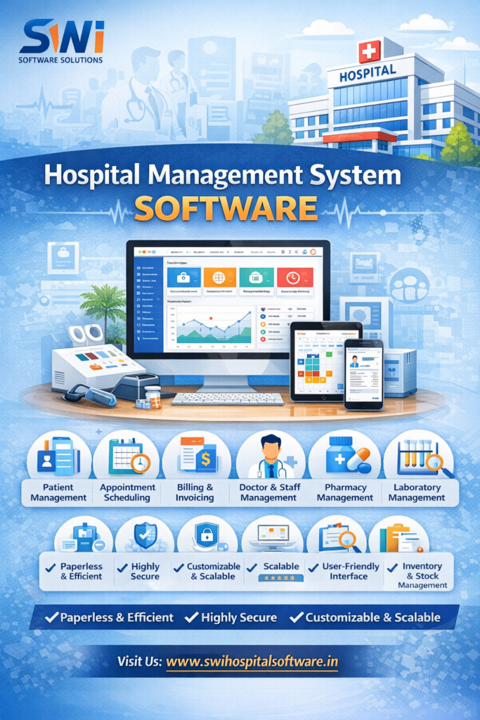 Hospital Management System Software by SWI Software Solutions with patient management, billing, pharmacy, laboratory, and doctor management modules Hospital Management System Software – SWI Software Solutions