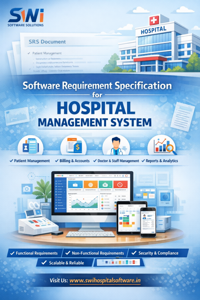 Software Requirement Specification for Hospital Management System – SWI Software Solutions Software requirement specification for hospital management system by SWI Software Solutions showing HMS dashboard, patient management, billing, reports, and compliance features
