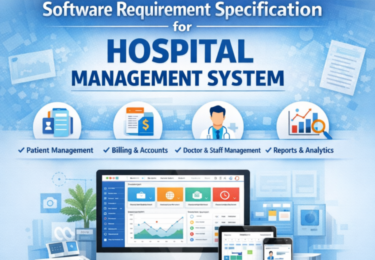 Software requirement specification for hospital management system by SWI Software Solutions showing HMS dashboard, patient management, billing, reports, and compliance features