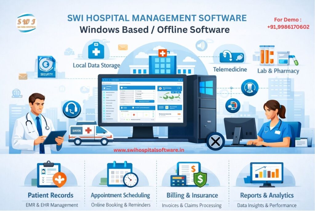 Windows Based Offline Hospital Management Software | SWI HMS Windows based offline hospital management system software with patient records, billing, lab, pharmacy and analytics modules